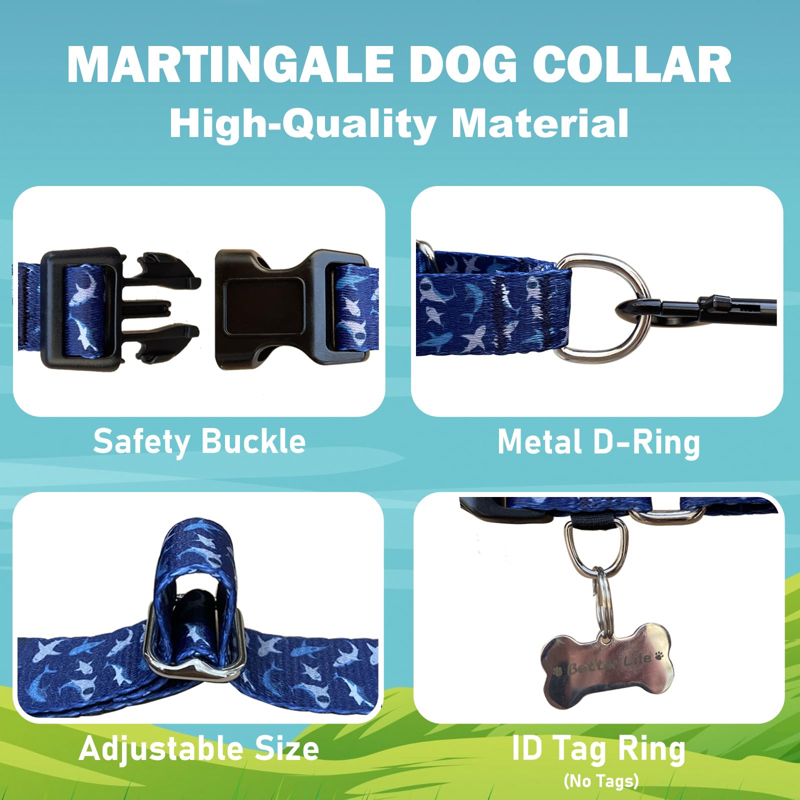 Fidohug Martingale Collar For Dogs With Buckle Heavy Duty Boy Dog Collar For Medium Dogs, Deep Blue Shark